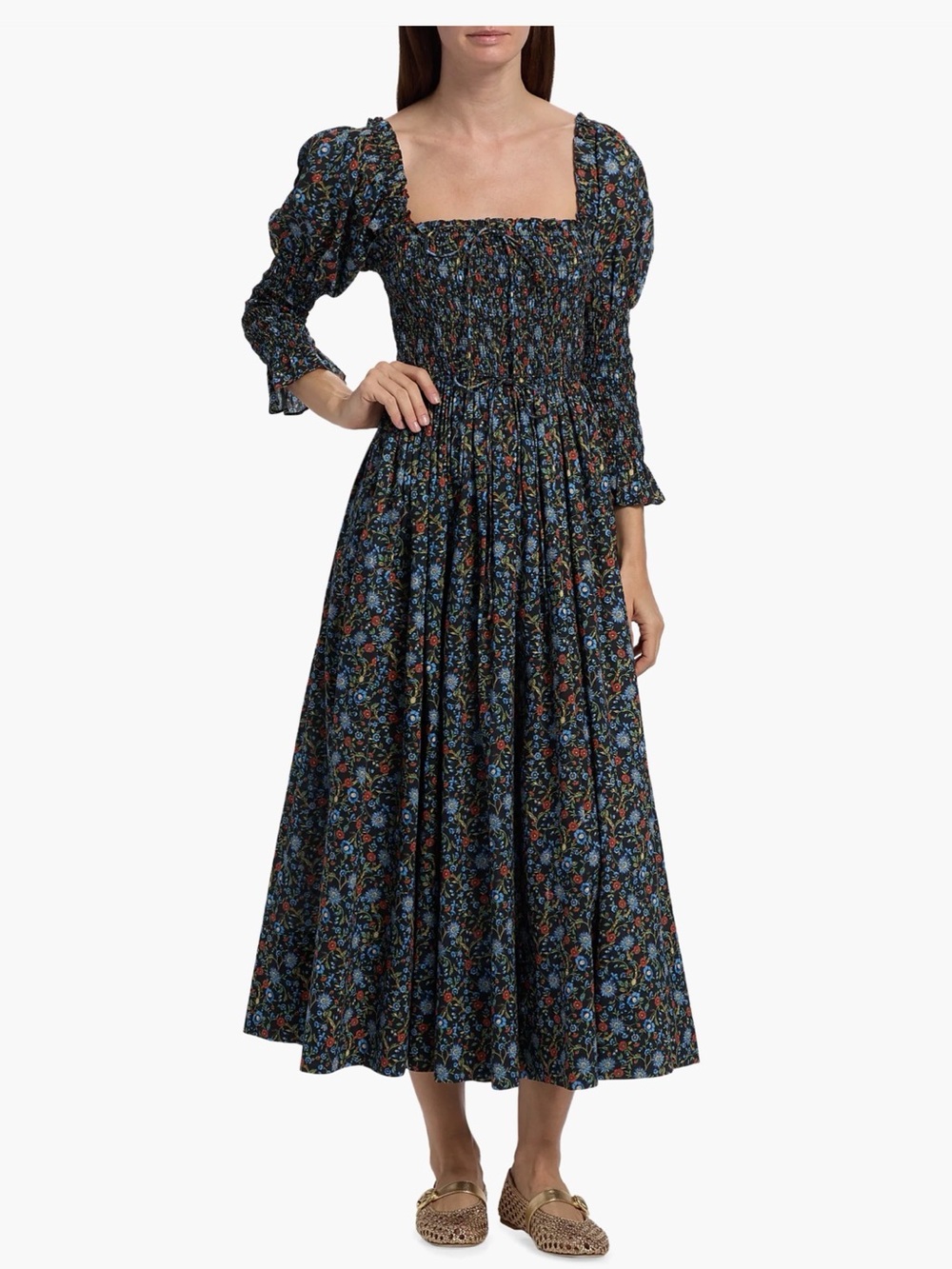 Doen Bijou dress: Navy Floral Smocked Square-Neck Midi Dress